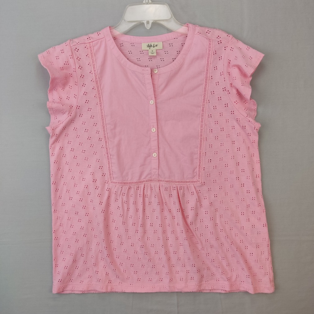 Style & Co Top Womens Medium Pink Icing Eyelet Flutter Sleeve Henley Blouse
